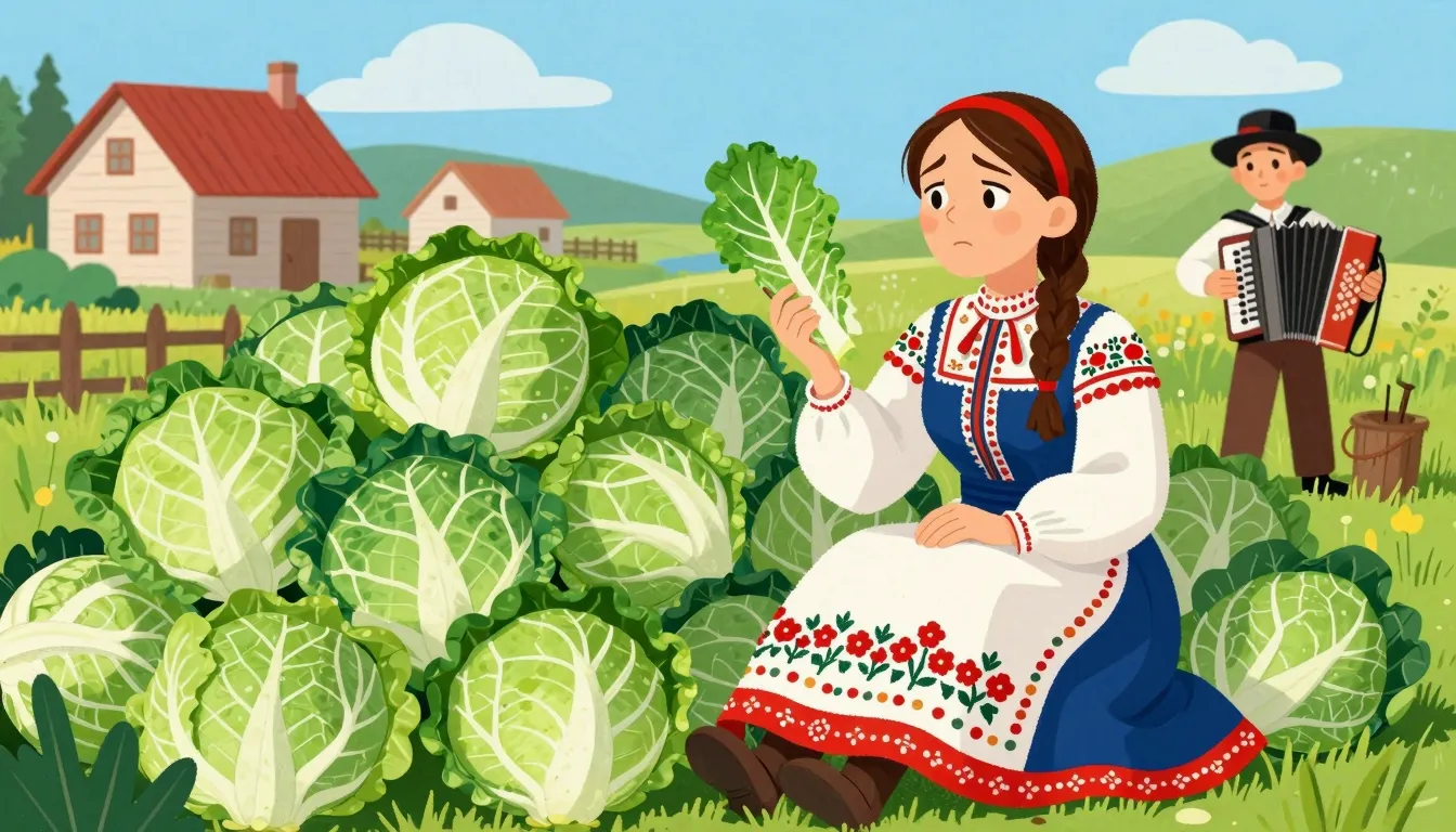 A funny cartoon illustration of a young woman in a Russian f...