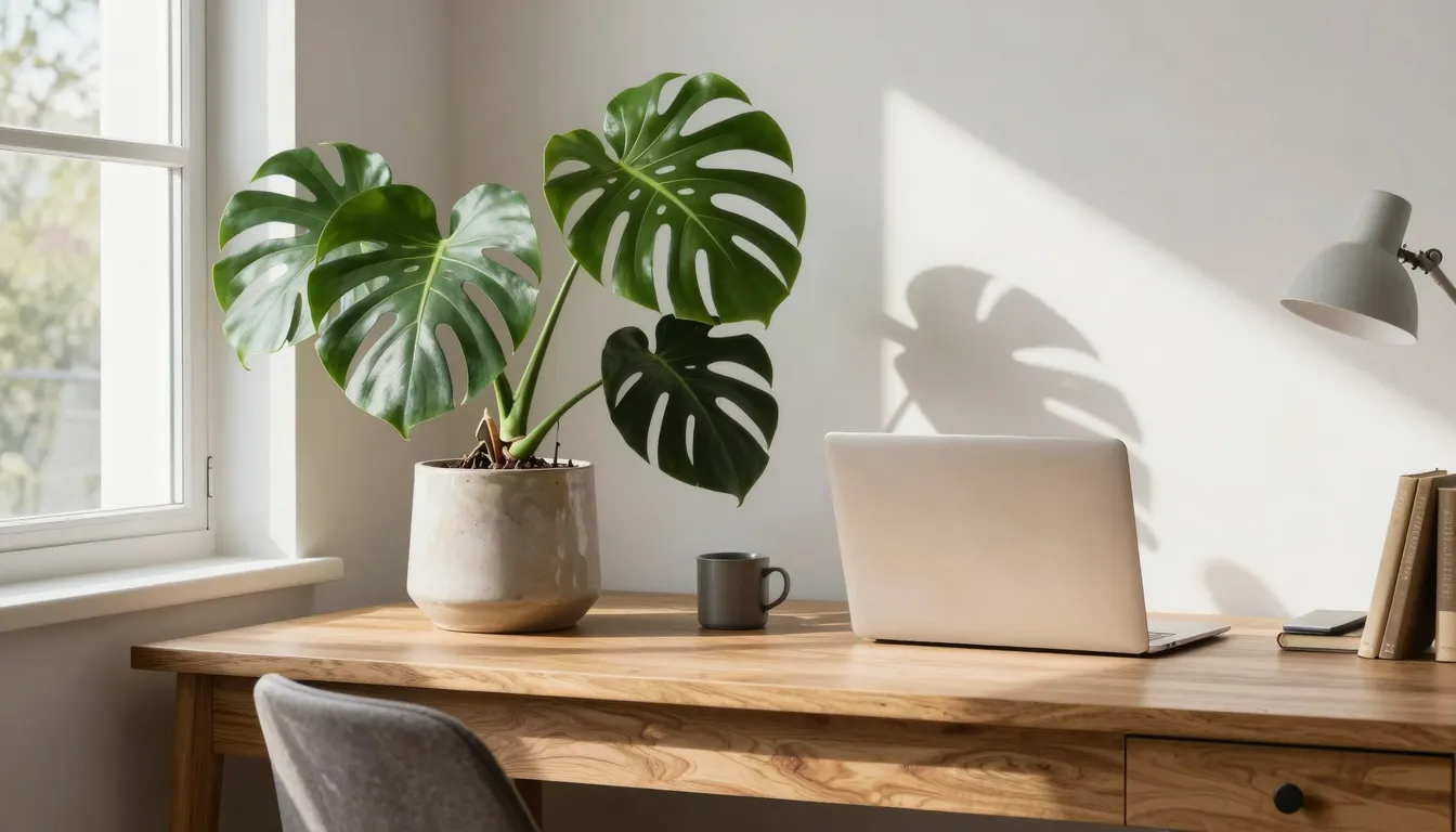A stylish home office with a large monstera plant in a ceram...
