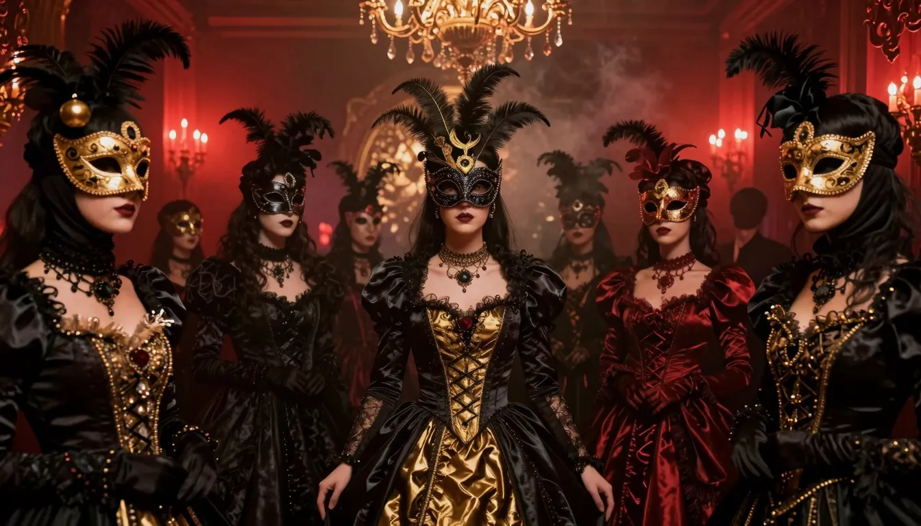Cinematic wide shot of a mysterious gothic masquerade ball, ...