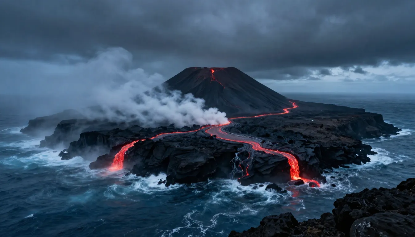 Panoramic view of a dark volcanic island rising from a misty...
