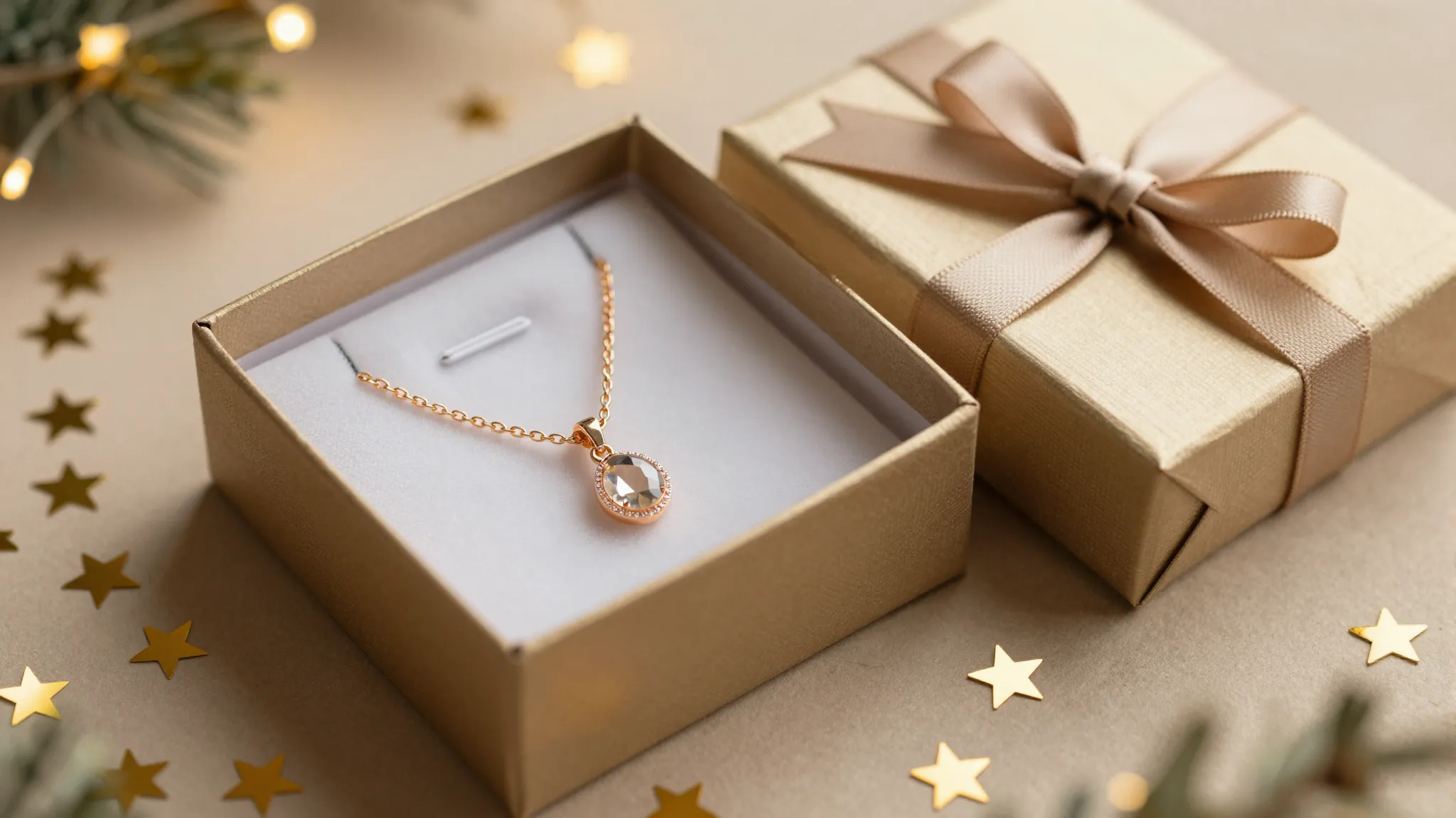 A beautiful gift box with jewelry, golden stars confetti aro...