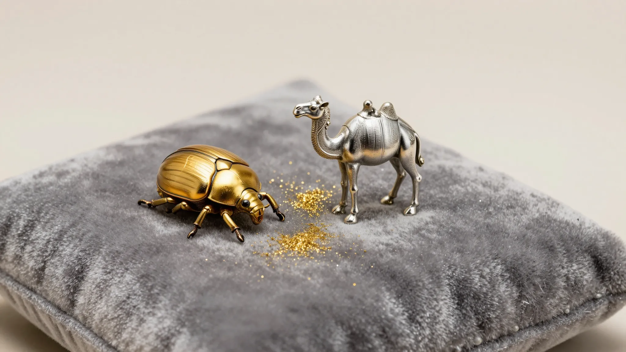 A golden beetle and a tiny silver camel figurine placed on a...