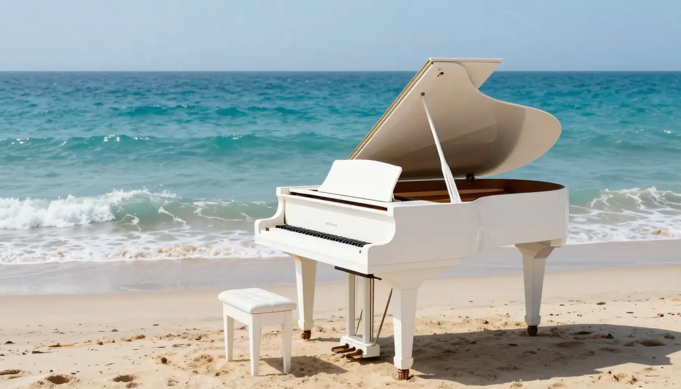 A beautiful white grand piano standing on a sandy ocean beac...