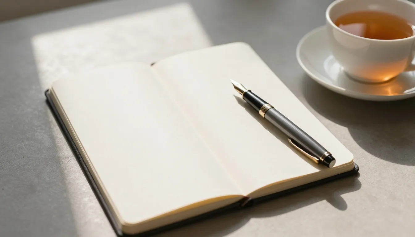 A minimalist and elegant workspace with a closed notebook, a...