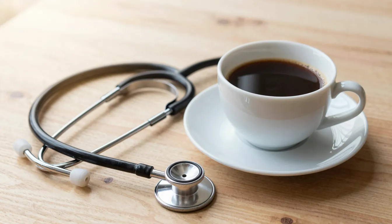 A cup of coffee on a wooden table next to a stethoscope, sof...