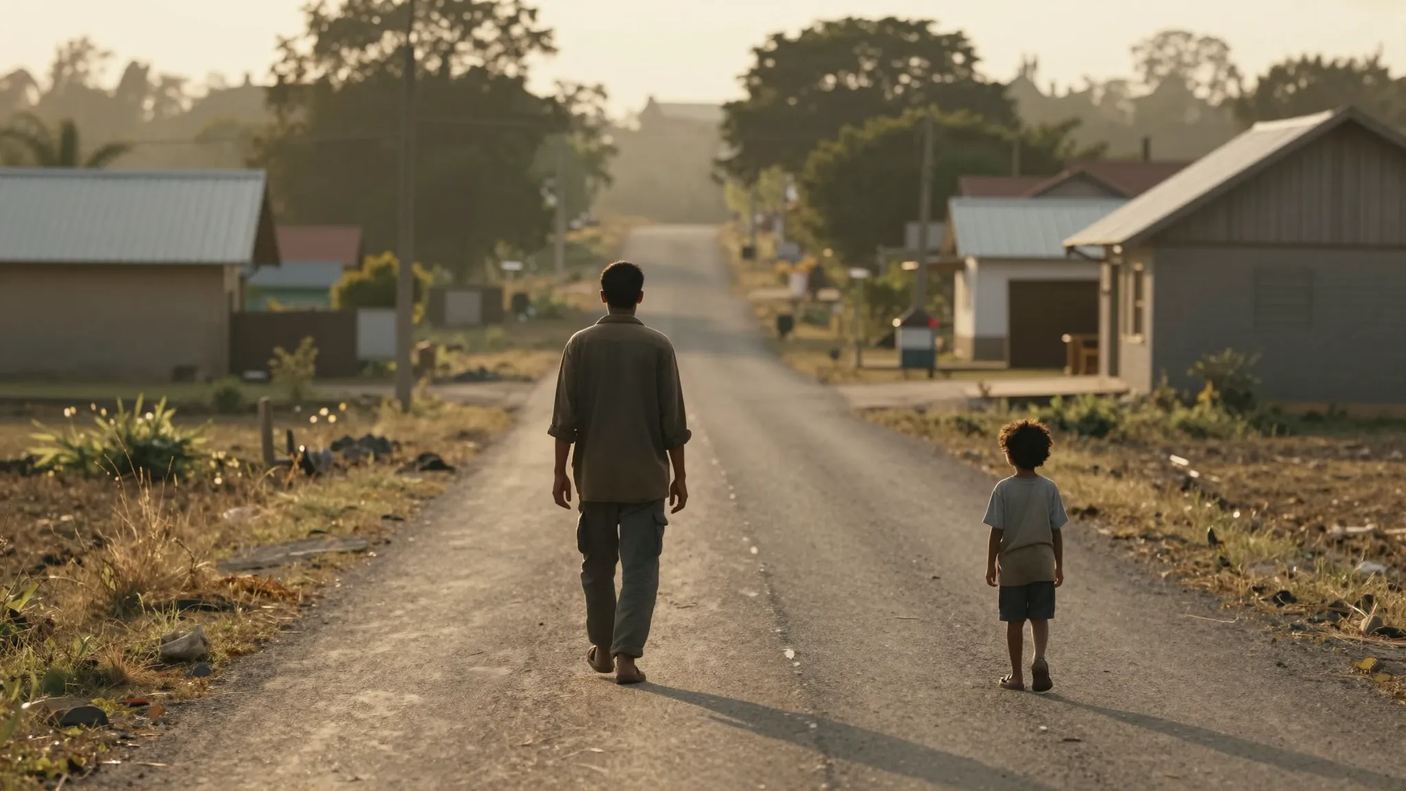 A cinematic wide shot of a village road, a lonely man walkin...