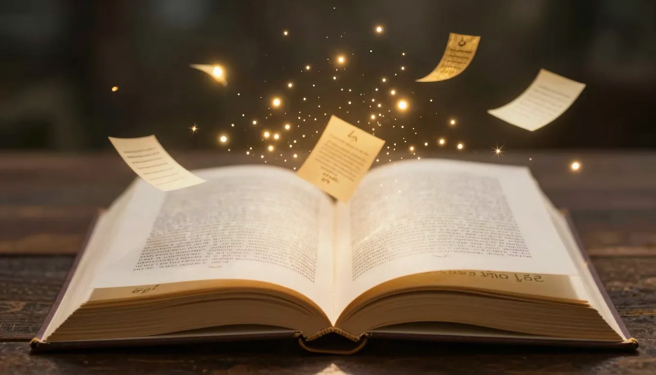 A magical open book with glowing pages, golden notes and spa...