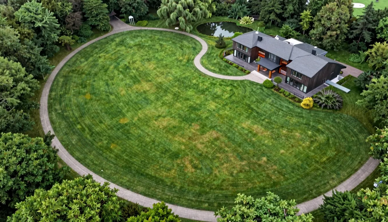 Aerial view of a large, lush green land plot with a winding ...