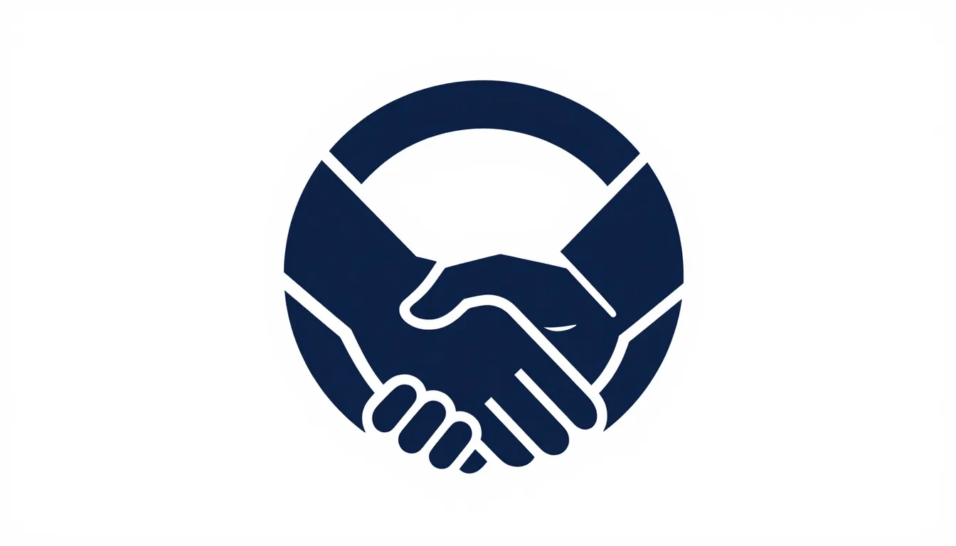 A minimalist circular logo for a legal support group. Two ha...
