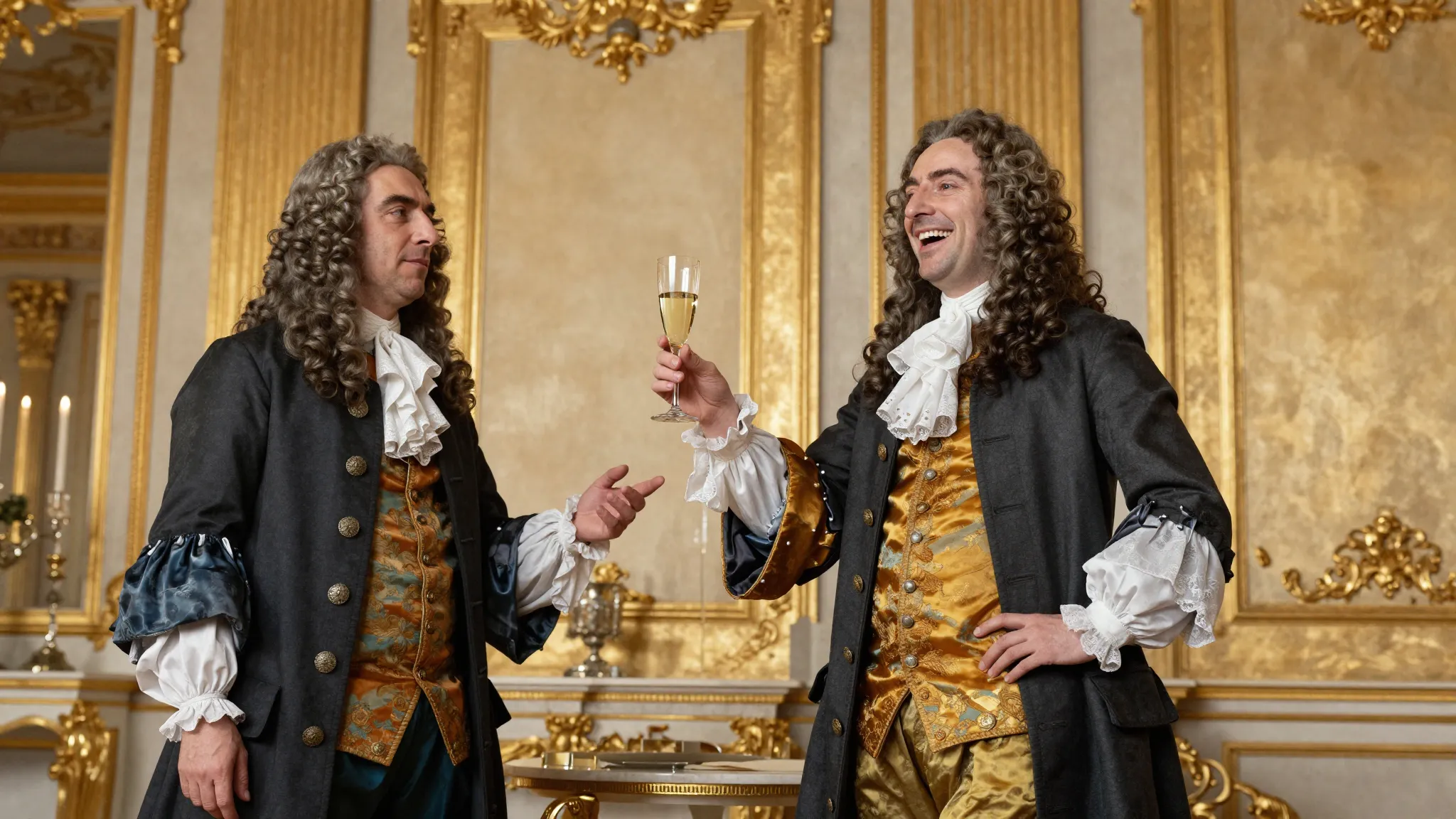 Two 17th-century French noblemen in a lavish golden ballroom...