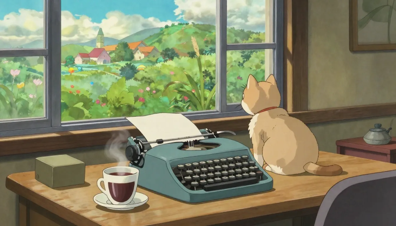 A cozy Japanese room with a desk, a typewriter, a cup of ste...