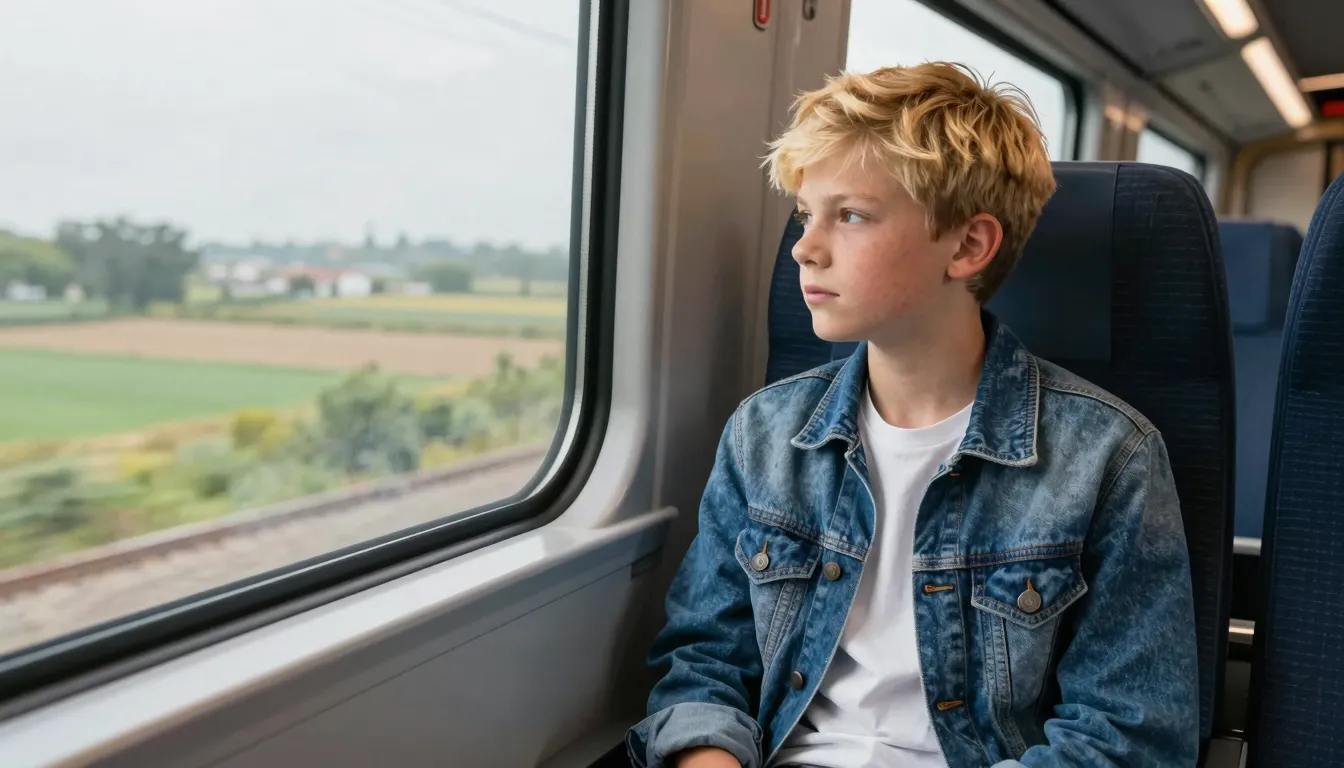 A cinematic portrait of a 13-year-old boy with glowing golde...