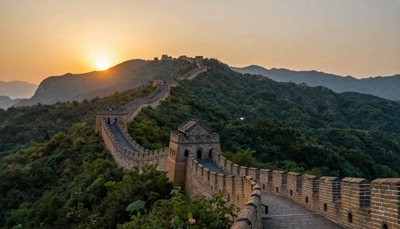 A majestic wide shot of the Great Wall of China at sunset, w...