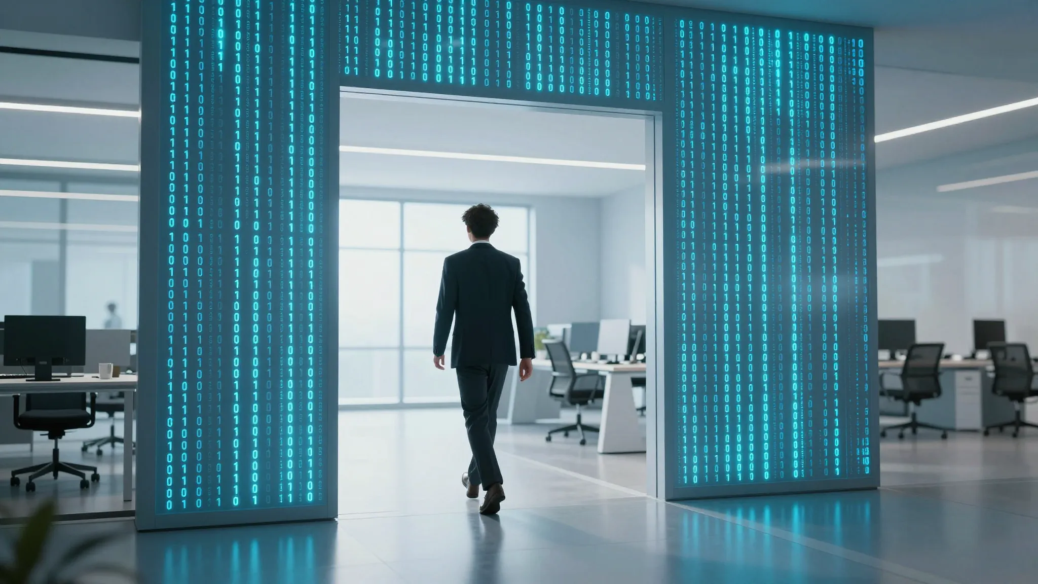 A futuristic digital portal made of glowing binary code, a p...