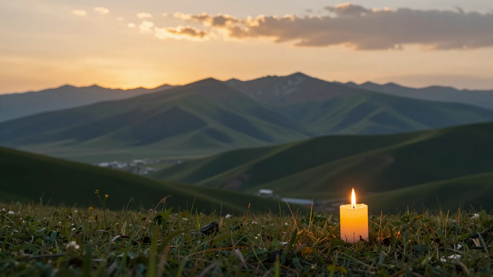 A peaceful landscape with soft golden sunset light over gree...