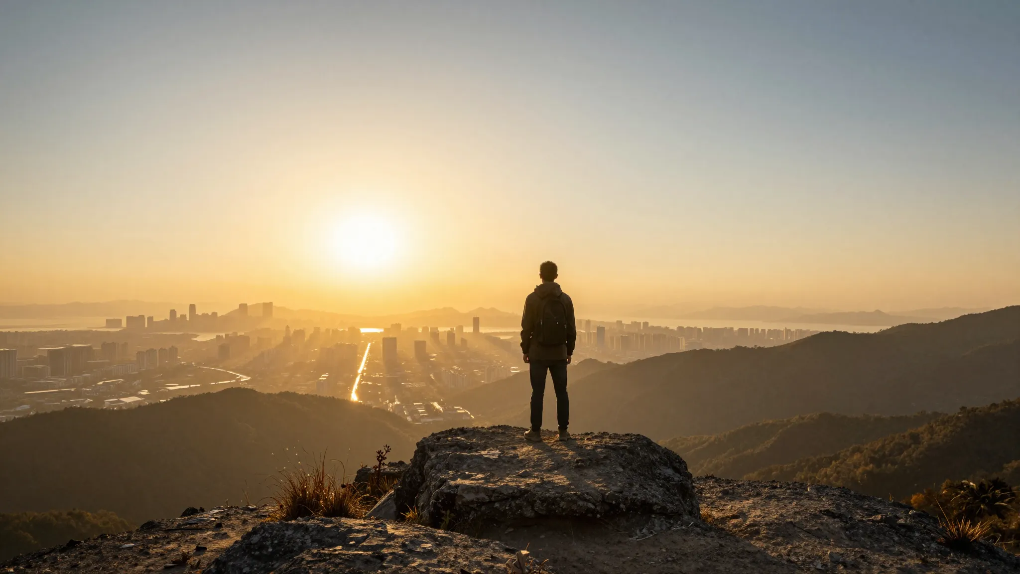 A person standing on a mountain peak looking at a vast golde...