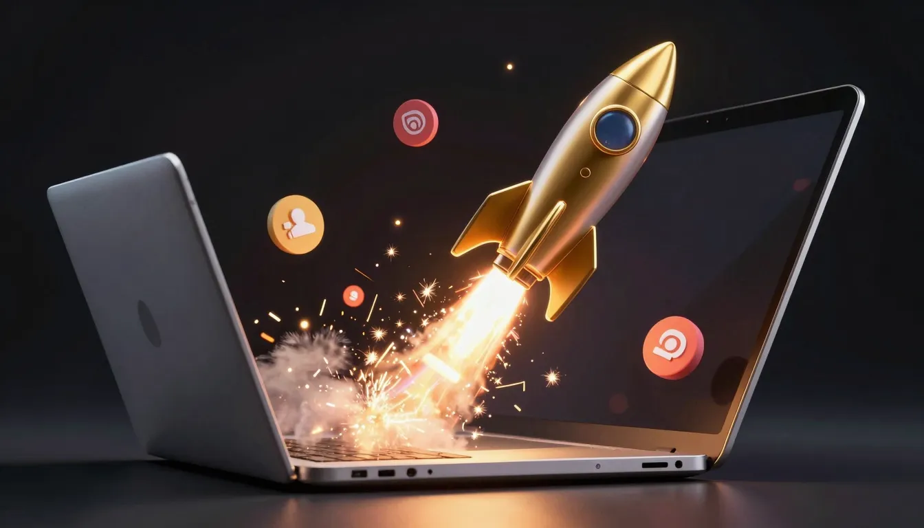 A golden rocket launching from a laptop screen, trailing spa...