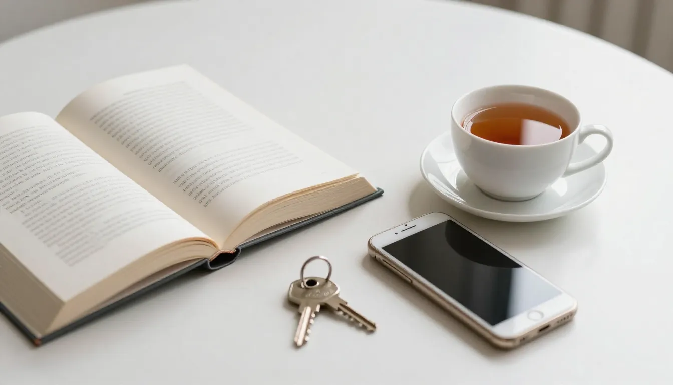A collection of common objects like a book, a cup of tea, a ...