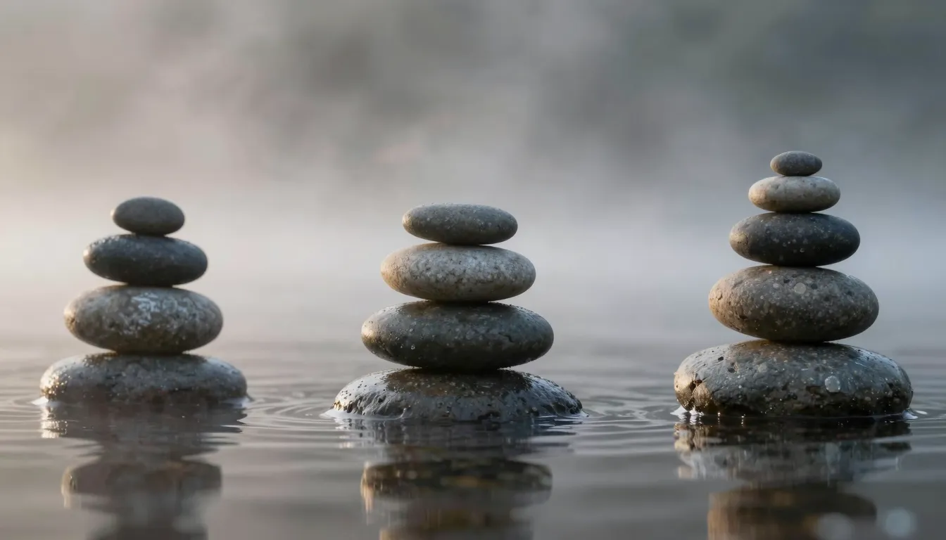 Zen stones balanced on top of each other in calm water, soft...