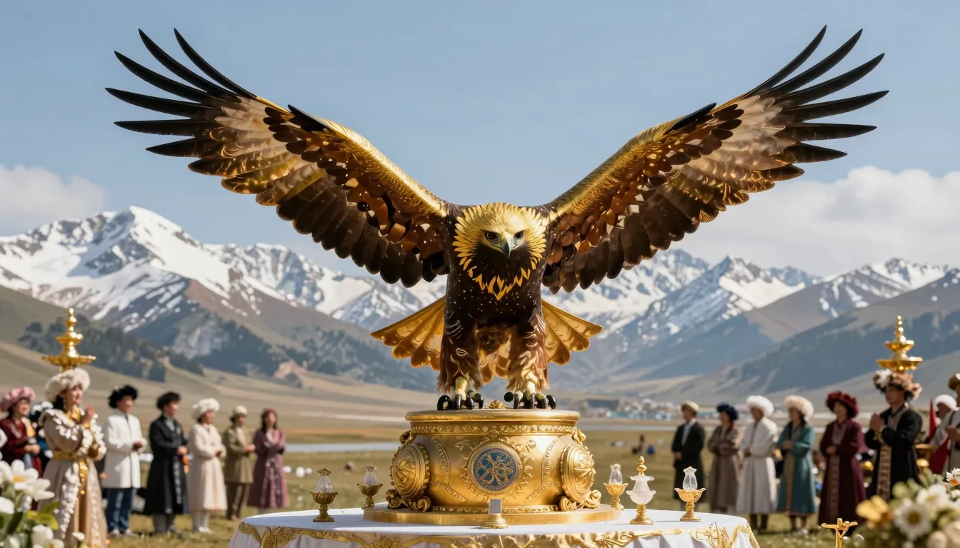 A majestic mountain landscape of Kyrgyzstan with a golden ea...