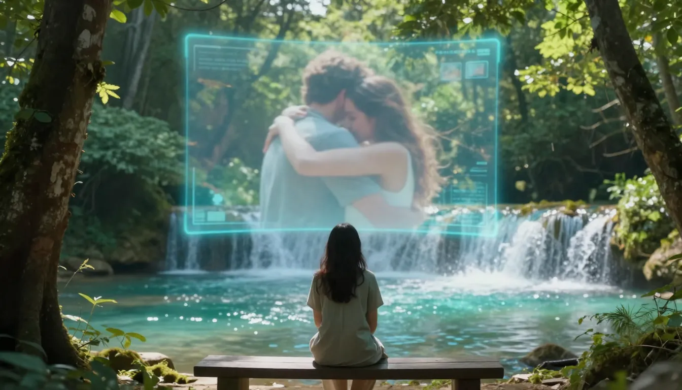 A cinematic and emotional scene of a woman sitting on a benc...