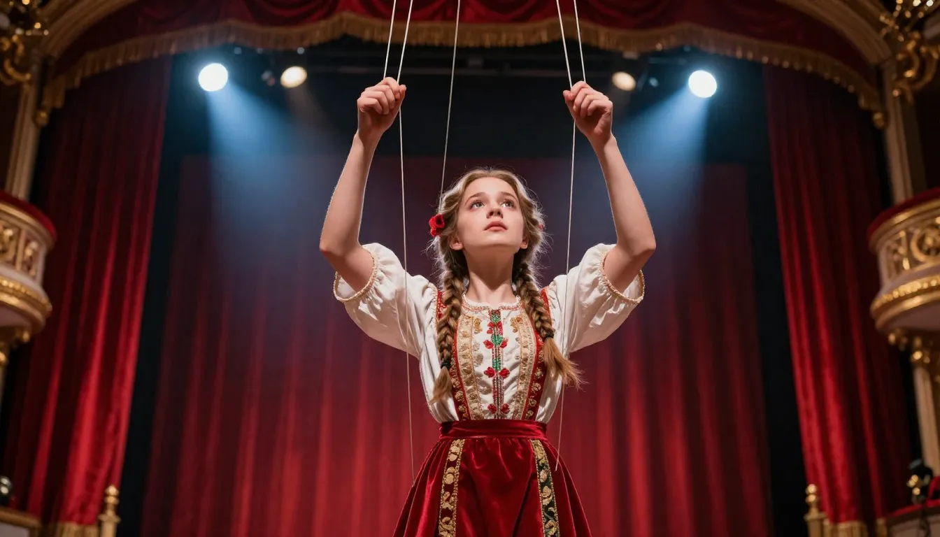 A beautiful Slavic girl as a living marionette on a grand th...