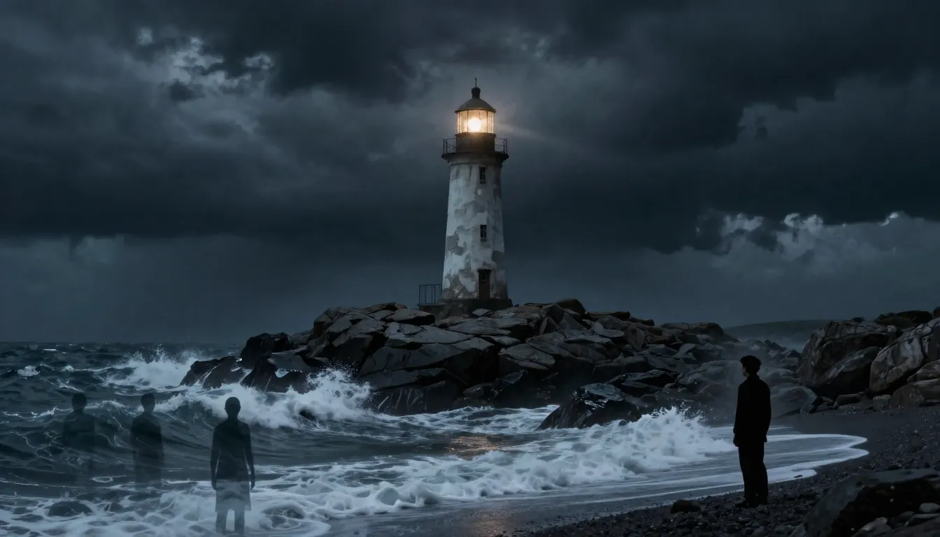 A lonely, distant lighthouse on a sharp rock, its light stru...