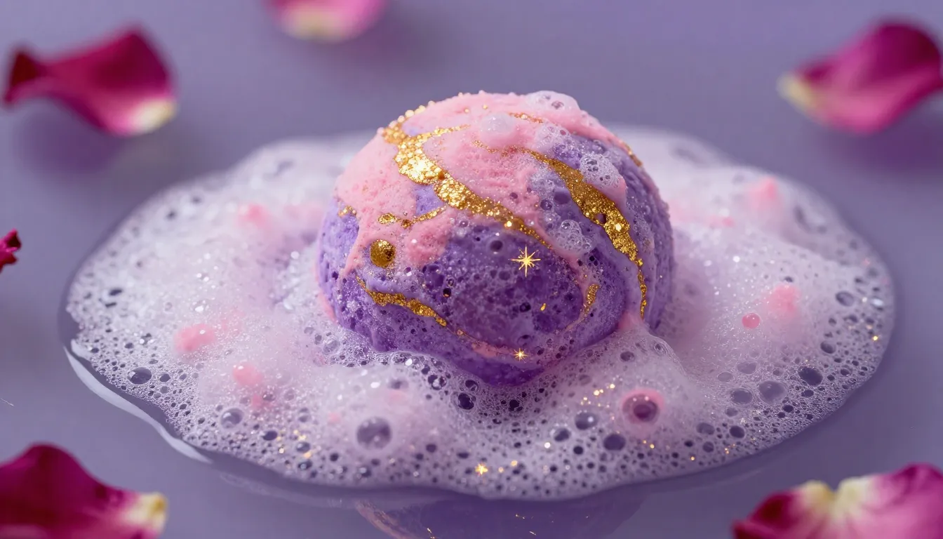Close-up of a premium bath bomb dissolving in water, creatin...