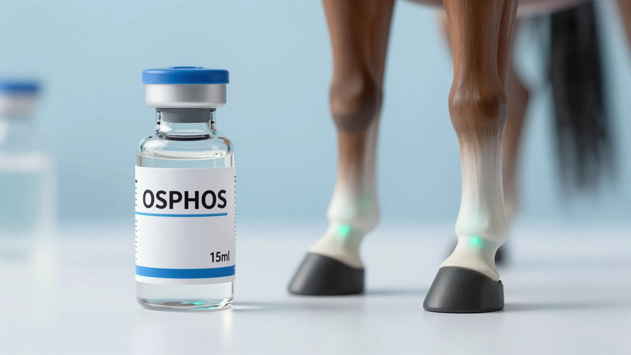 Detailed veterinary product photography of a 15ml glass vial...