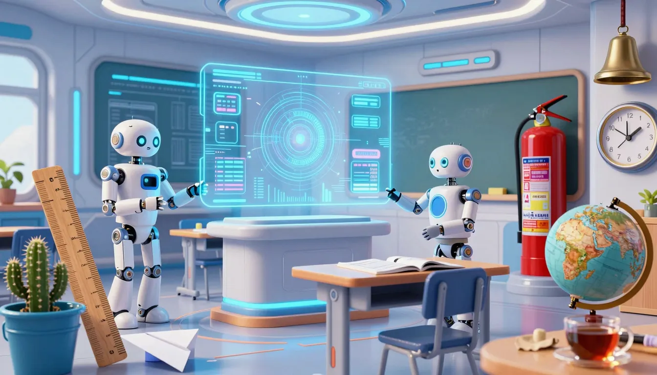 Detailed interior of a futuristic classroom in 2074, neon bl...