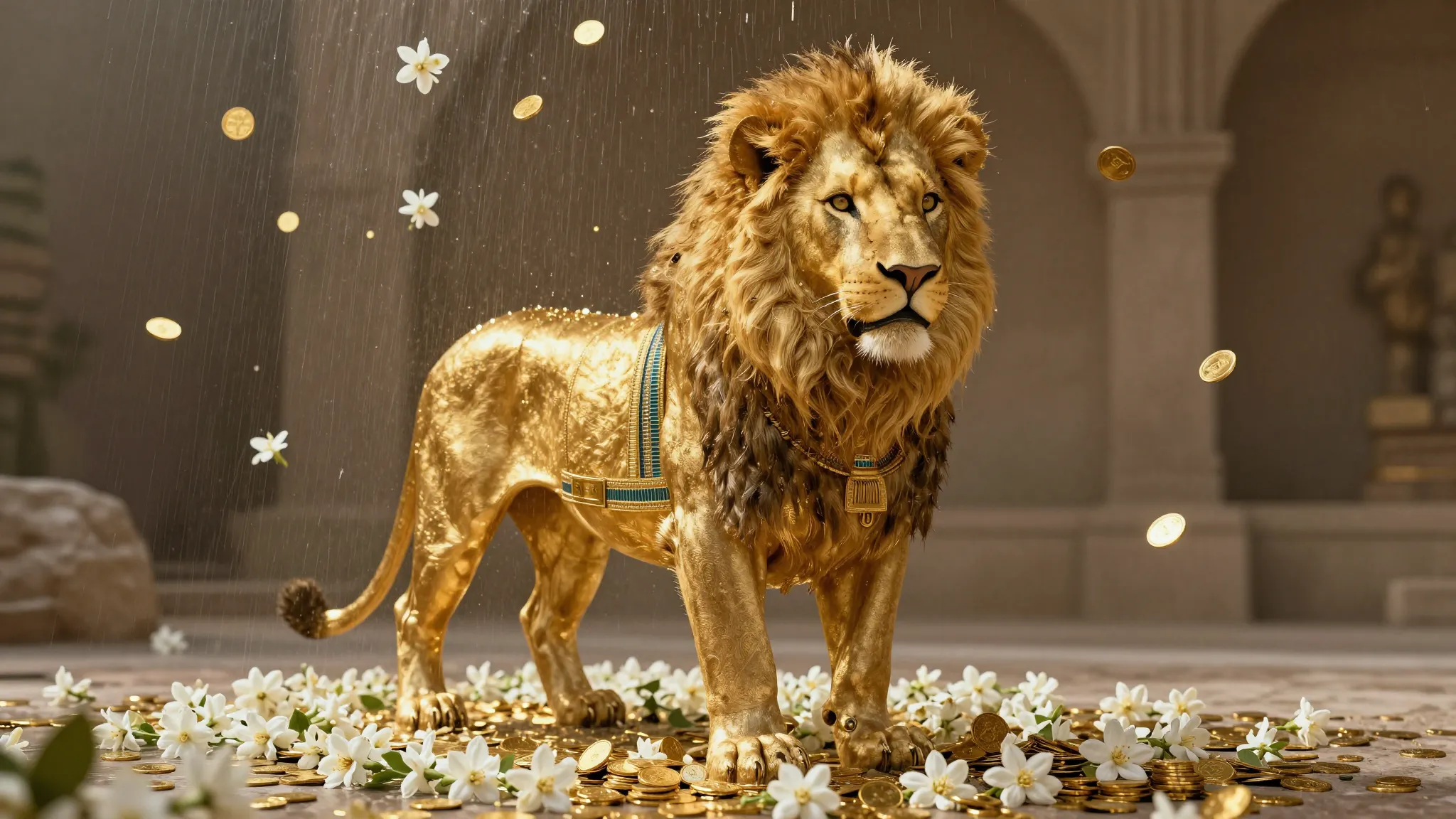 A majestic golden lion wearing a traditional Egyptian folk v...