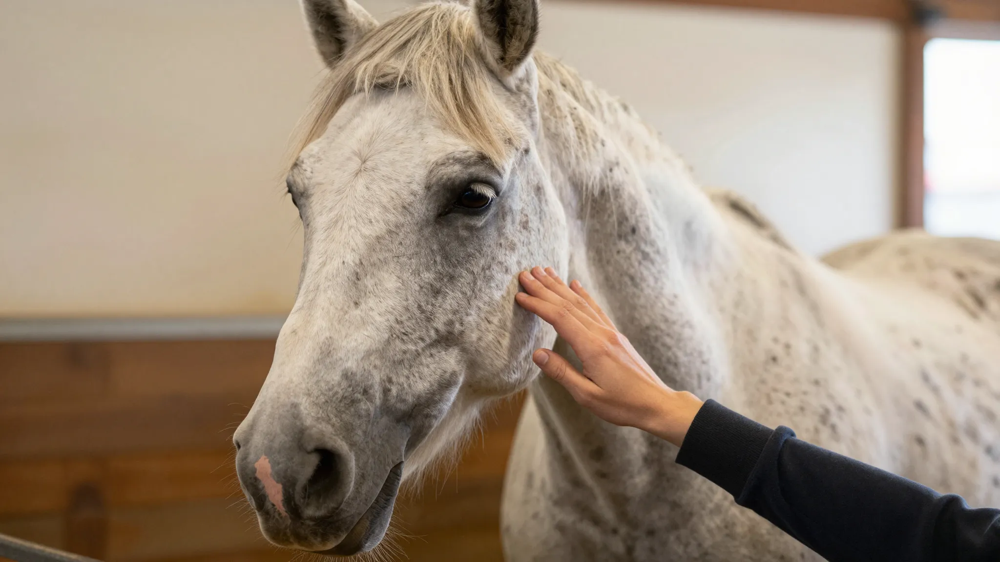 A heartwarming image of a person gently petting an older, wi...