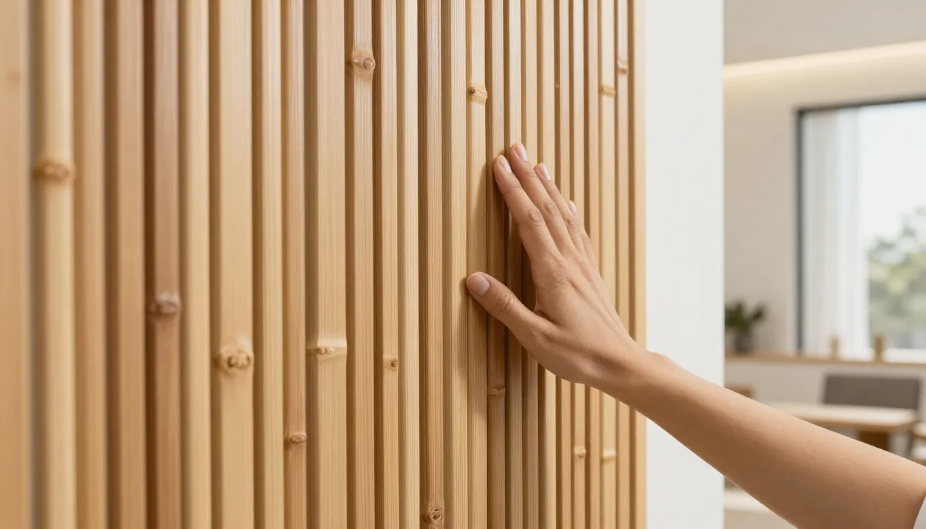 Close-up of a hand touching a high-quality sustainable bambo...