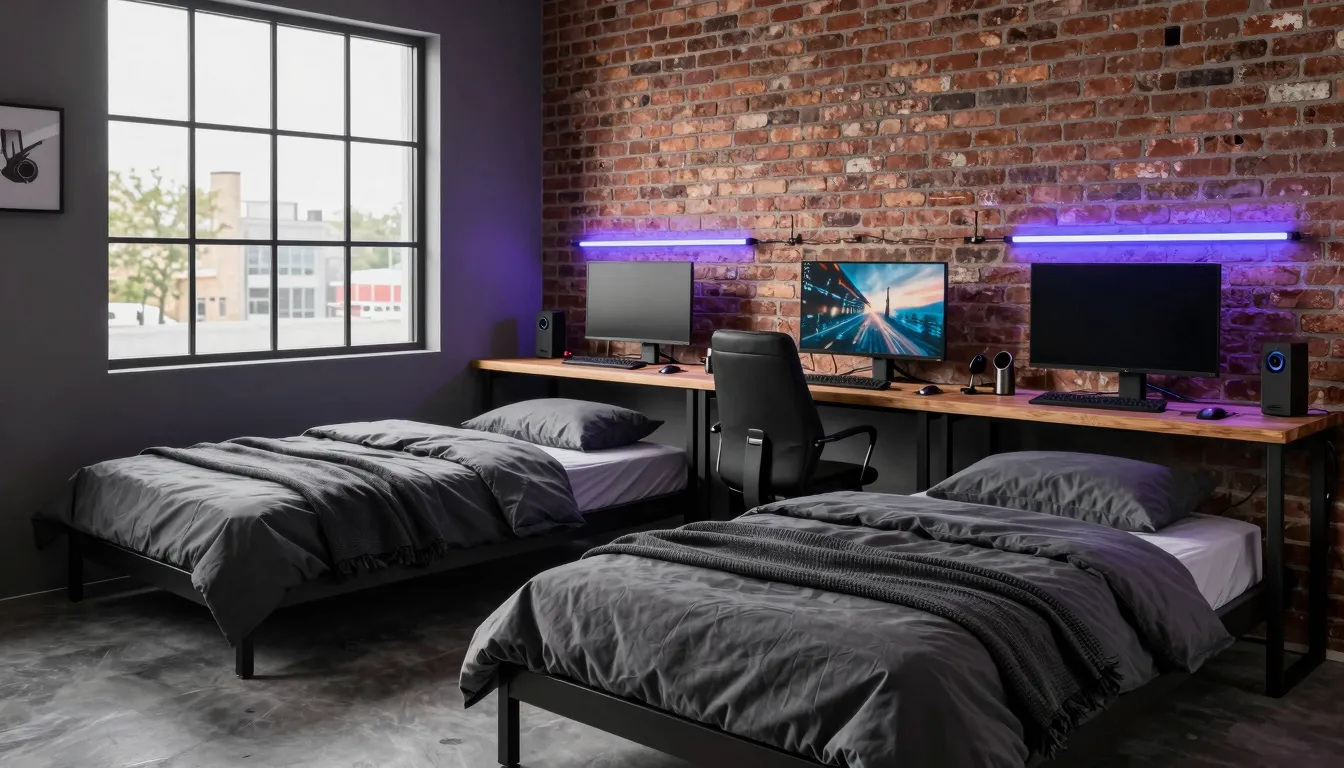 Modern industrial bedroom for two teenage boys, two separate...