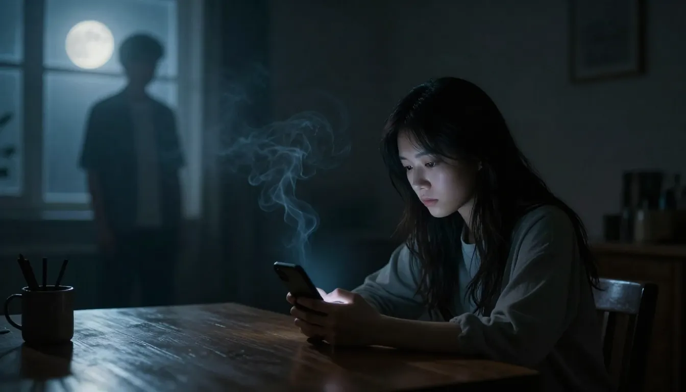 A lonely woman sitting in a dimly lit room, looking at a sil...