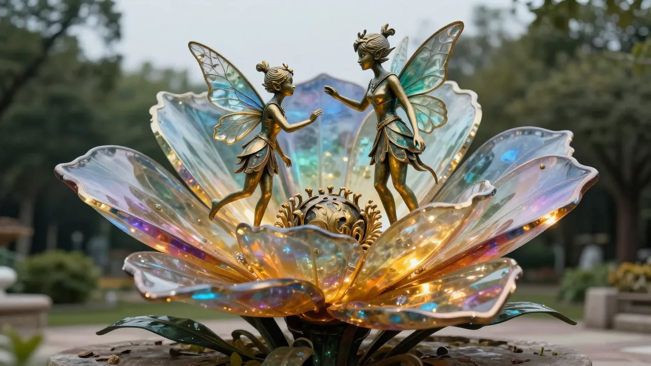 A creative outdoor sculpture of a fairy and an elf interacti...