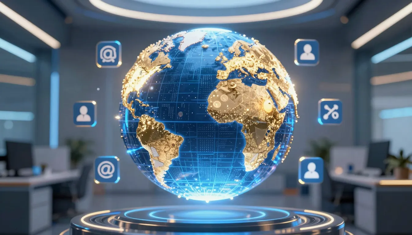 A glowing holographic globe with social media icons floating...