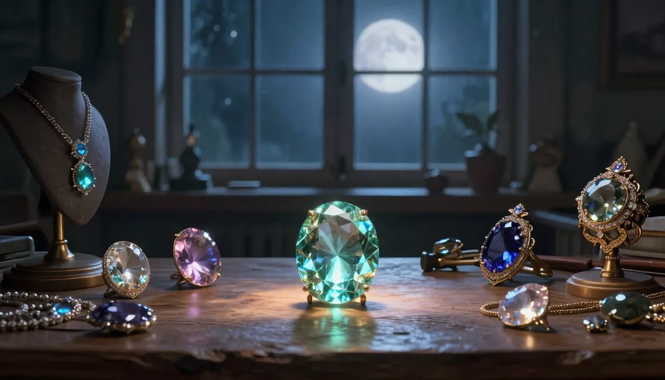 A mystical jewelry workshop at night, glowing gemstones on a...