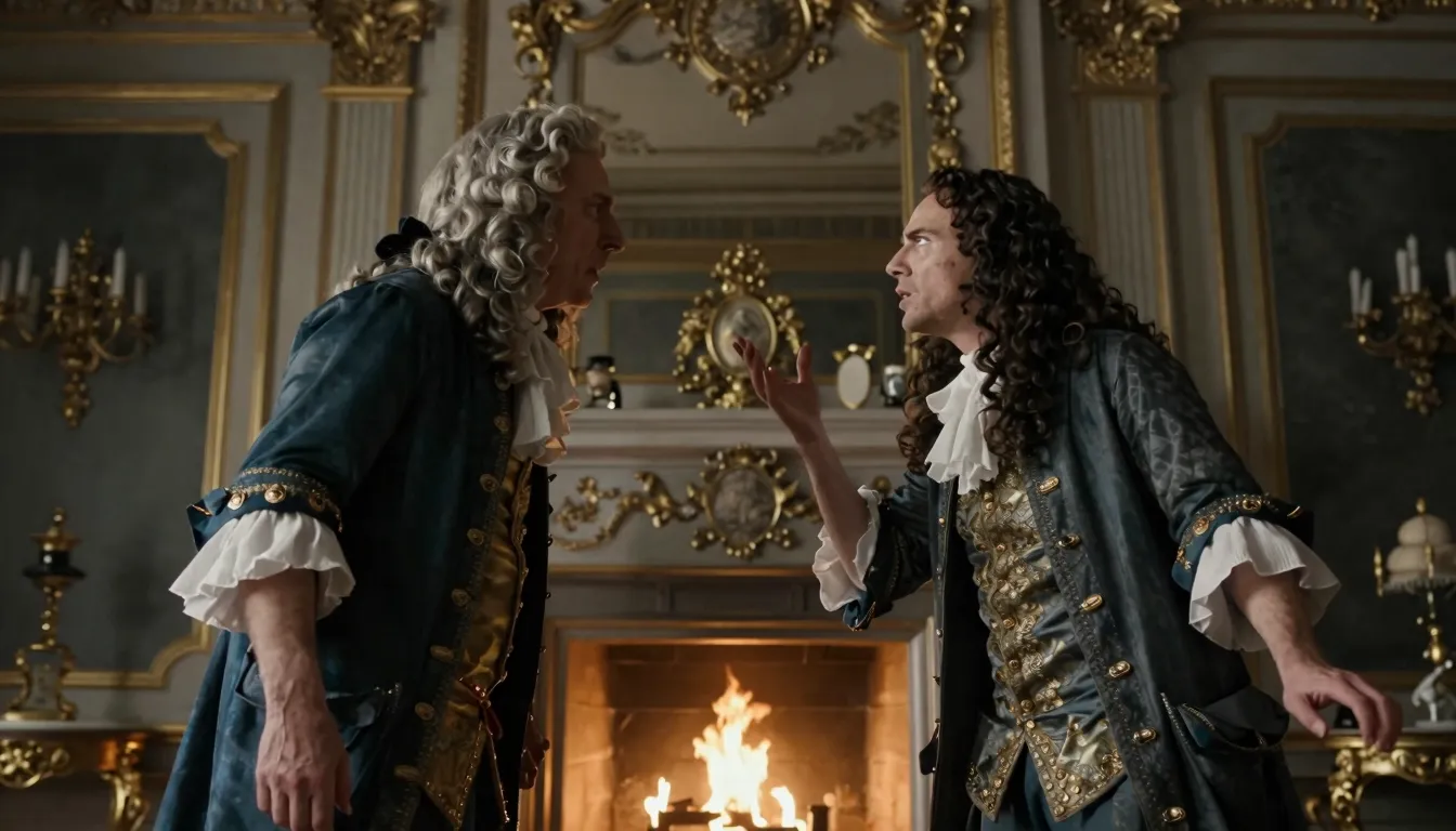 A dramatic scene in a 17th century French chateau, two arist...