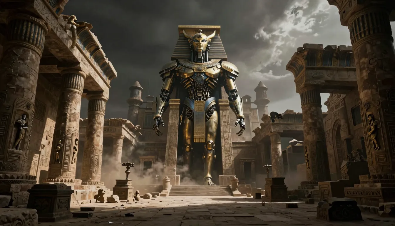 Epic dark fantasy landscape, ancient Egyptian ruins mixed wi...