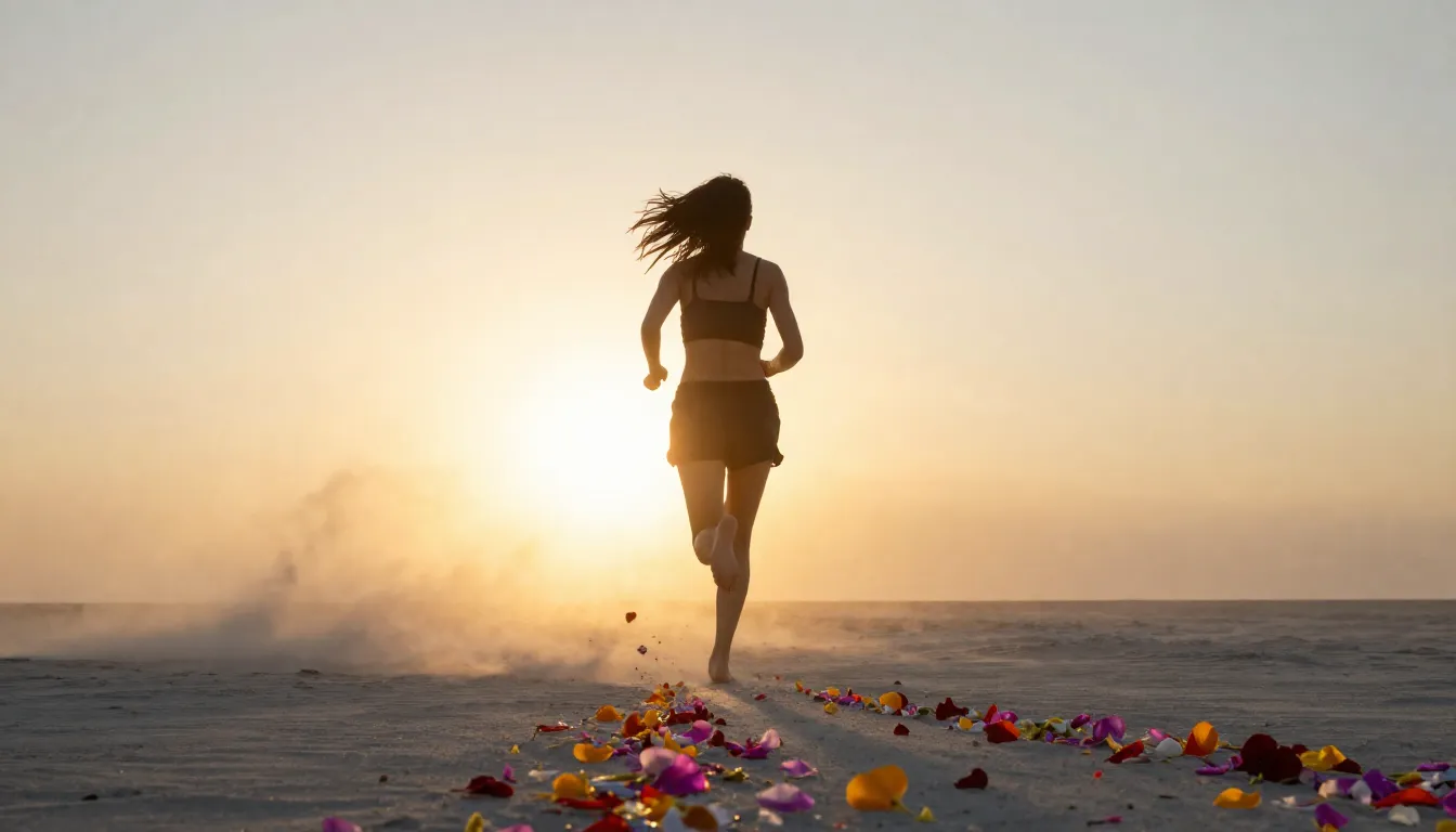 A woman running barefoot towards a bright glowing horizon at...