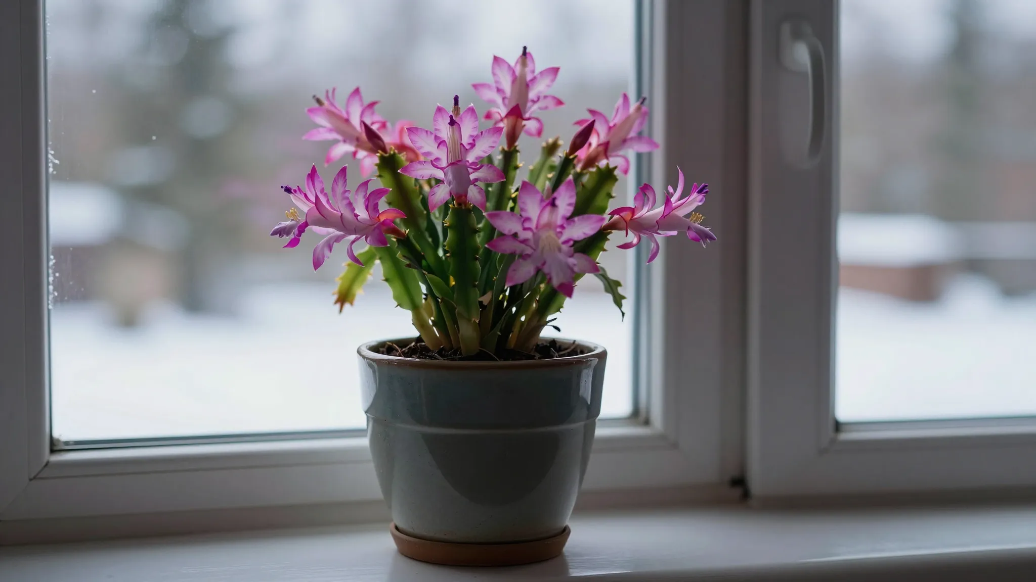 A beautiful blooming Christmas cactus in a stylish ceramic p...