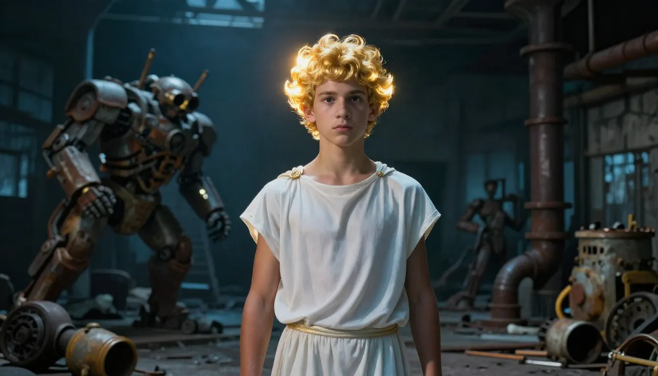 A cinematic shot of a 15-year-old Greek god Apollo with glow...