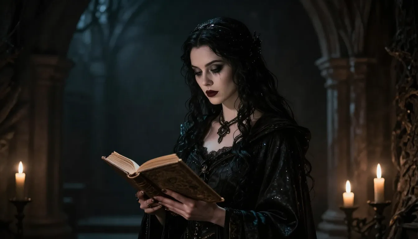 A mysterious female narrator in dark gothic robes, holding a...