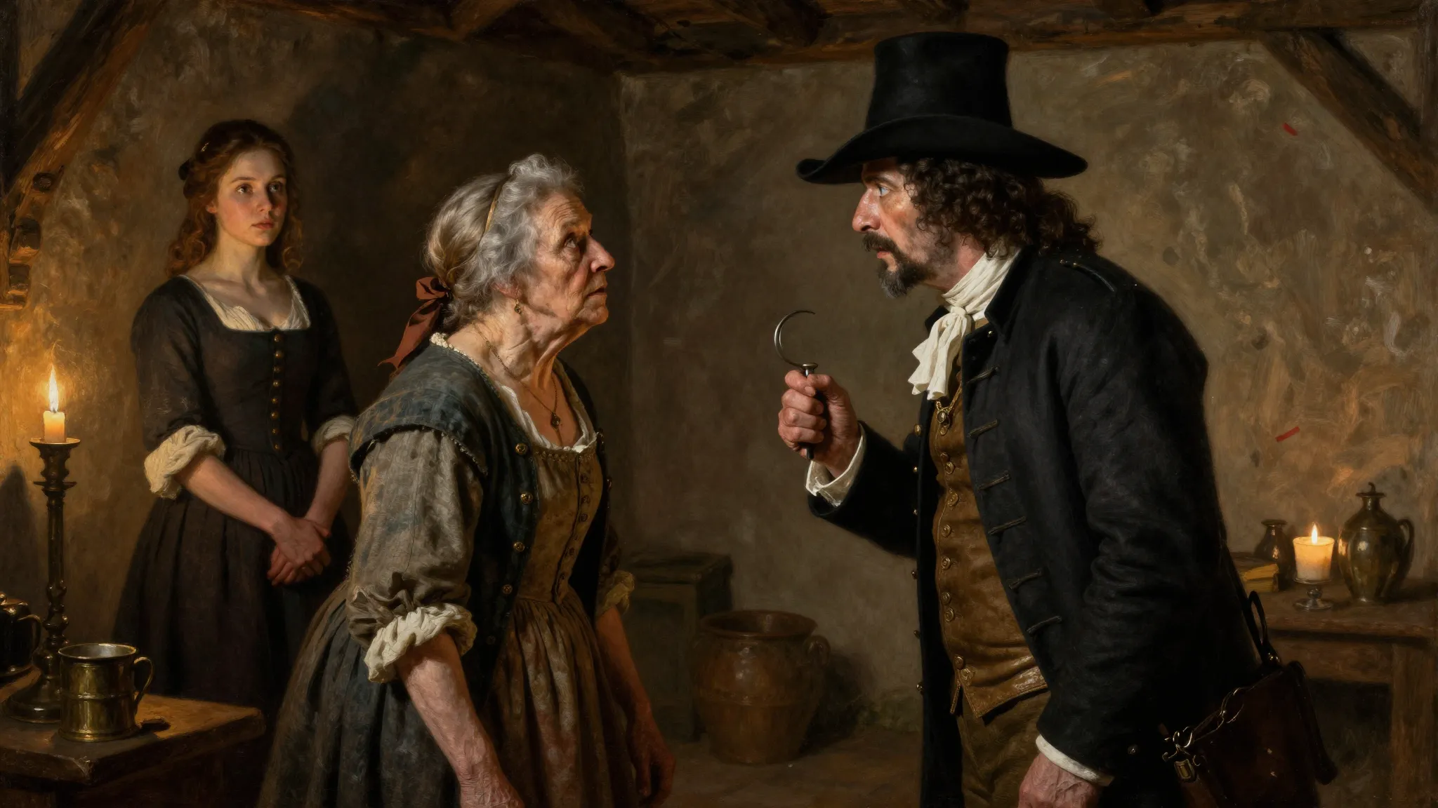 A dramatic scene in a 17th-century French cottage. A brave e...