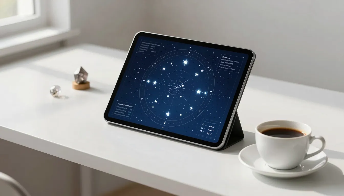 A modern minimalist astrology workspace with a tablet showin...