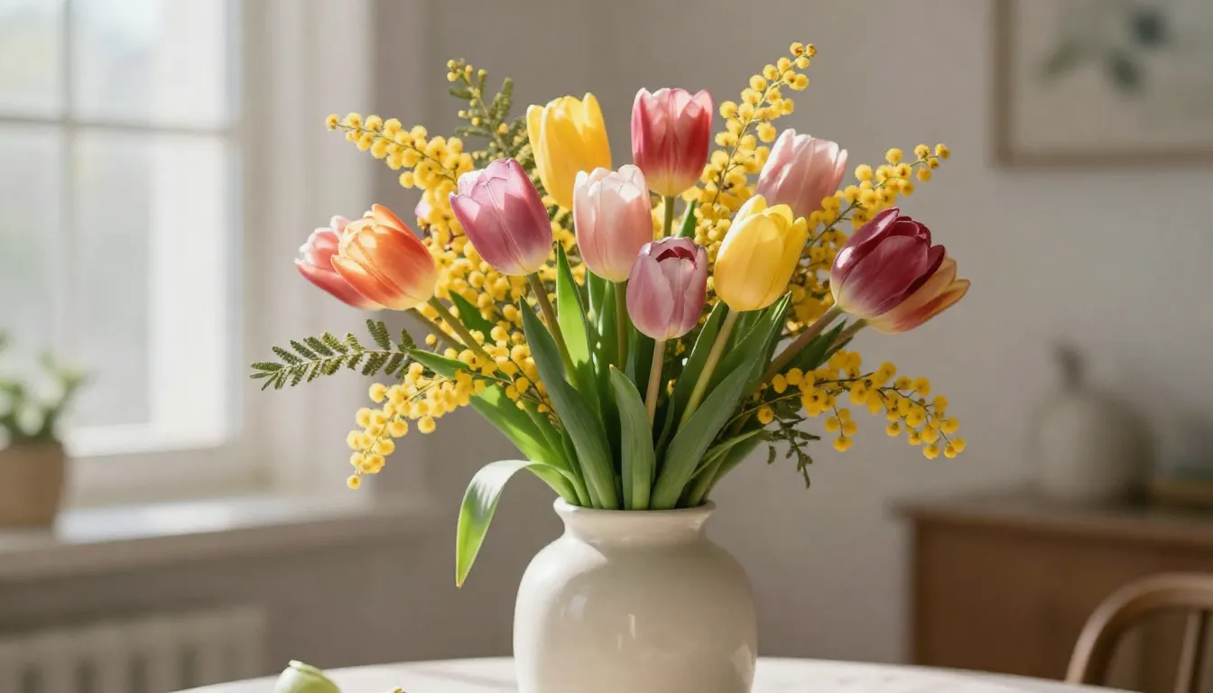 A beautiful spring bouquet of tulips and mimosa in a stylish...