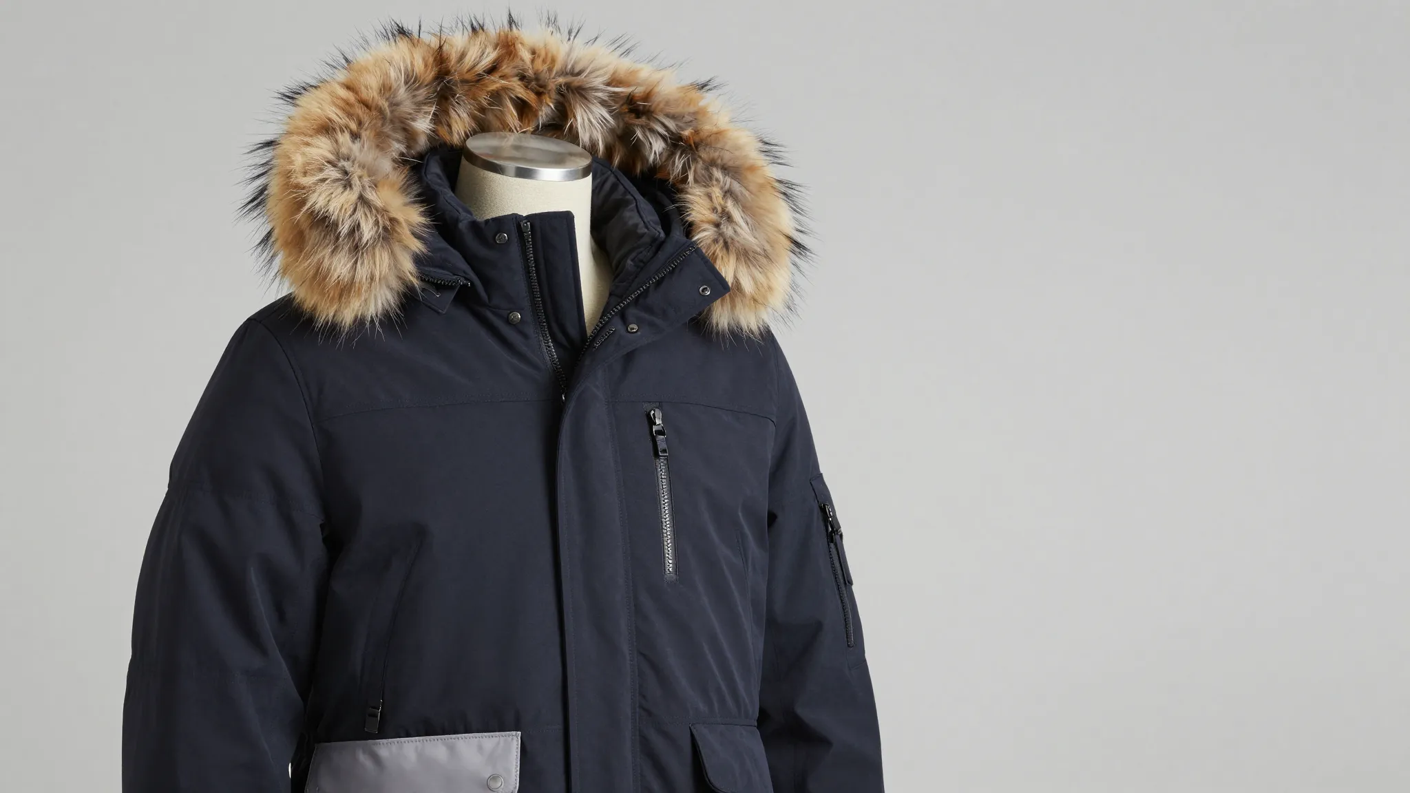 A stylish modern winter jacket with a large fur hood, displa...