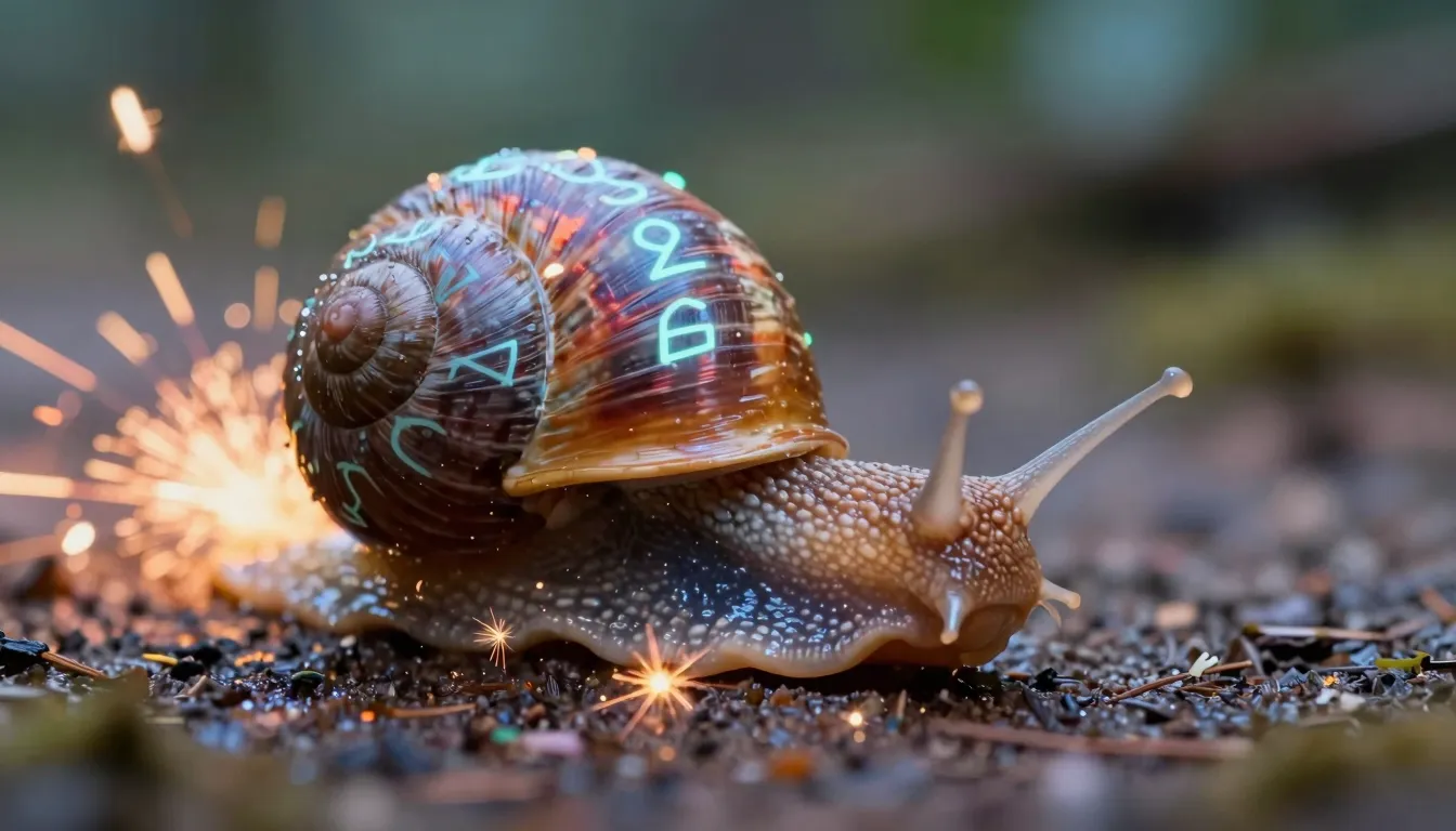 Macro photography of a fantasy snail with glowing magical ru...