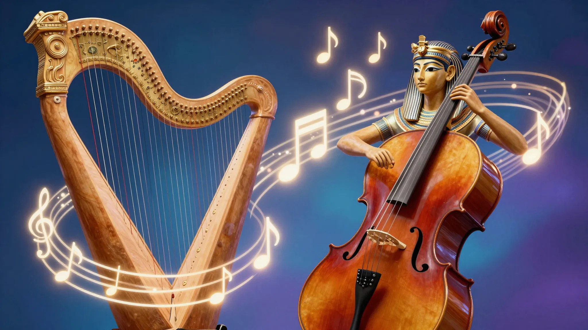 An ancient Egyptian harp and a modern cello intertwined with...